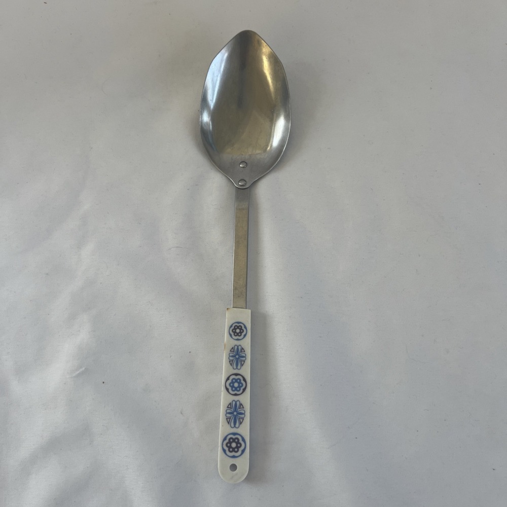 Vtg‎ Ace USA Stainless Large Serving Spoon Geometric Flower White Blue Purple